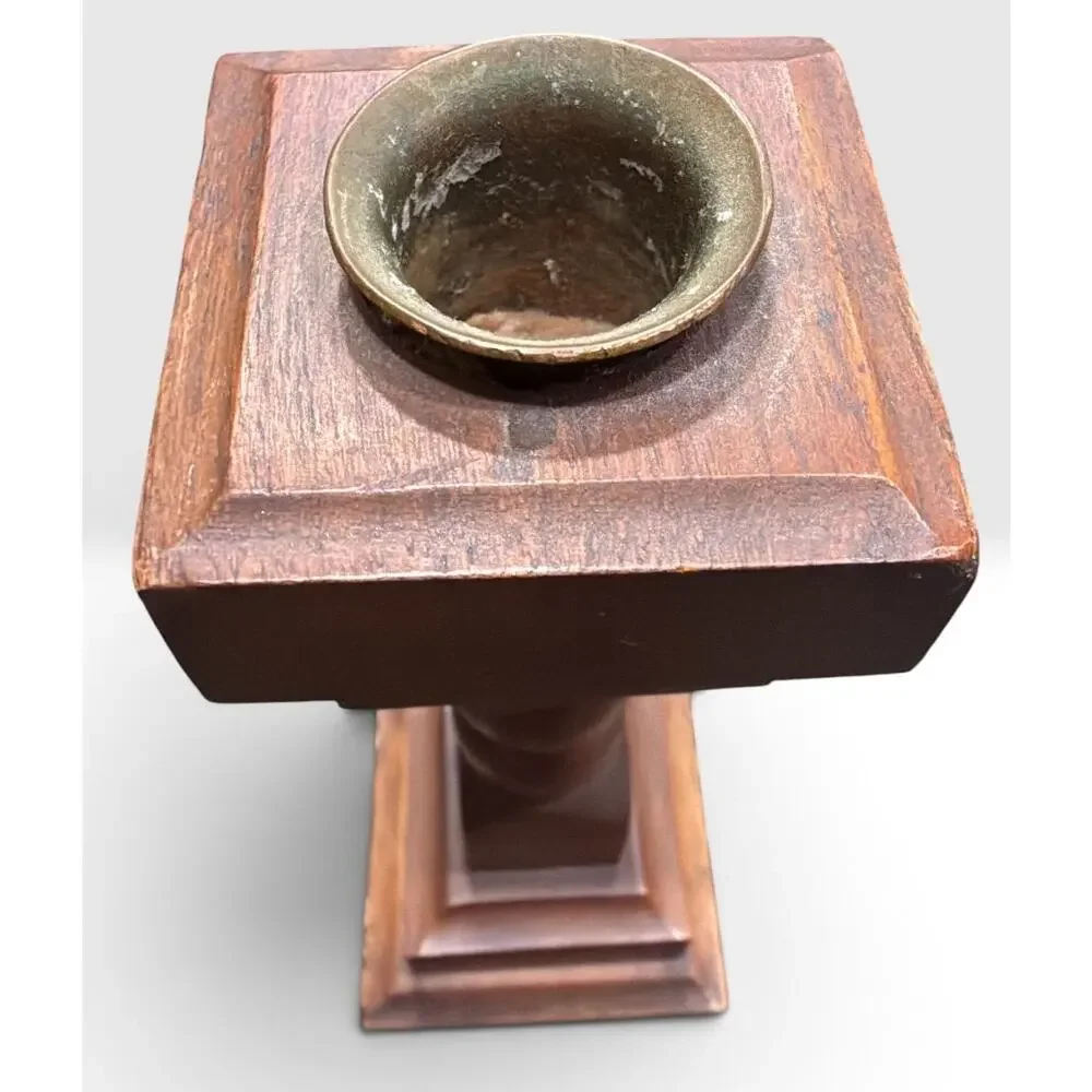 Vintage Hardwood Candlestick Holders Pair Dark Walnut Finish Brass Cups 6.5 Inch